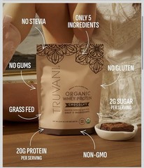 Truvani Organic Whey Protein Powder Chocolate, Grass Fed, 21.94 oz, Exp 2028
