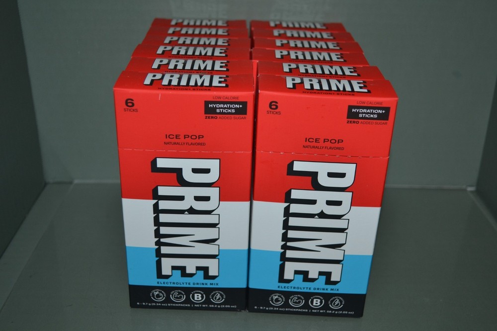 (12) PRIME HYDRATION Electrolyte Drink Mix, Ice Pop Flavor, 6 In Each, BB 04/27