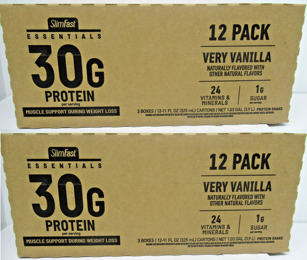 2x SlimFast Essentials 30g Very Vanilla Protein Shake 12 Count each