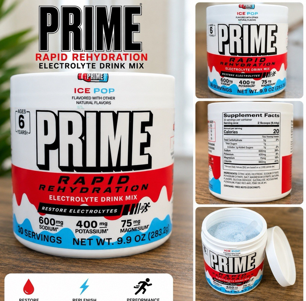 PRIME Electrolyte Drink Mix Powder Ice Pop, 9.9 oz (283g), 20 Servings