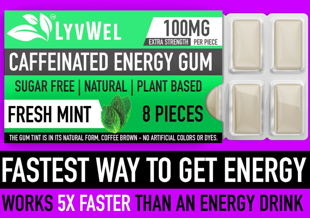 Natural Energy 100mg Caffeine Mint 3 Packs (24 pcs) Run Jog Work Out Fitness Gum