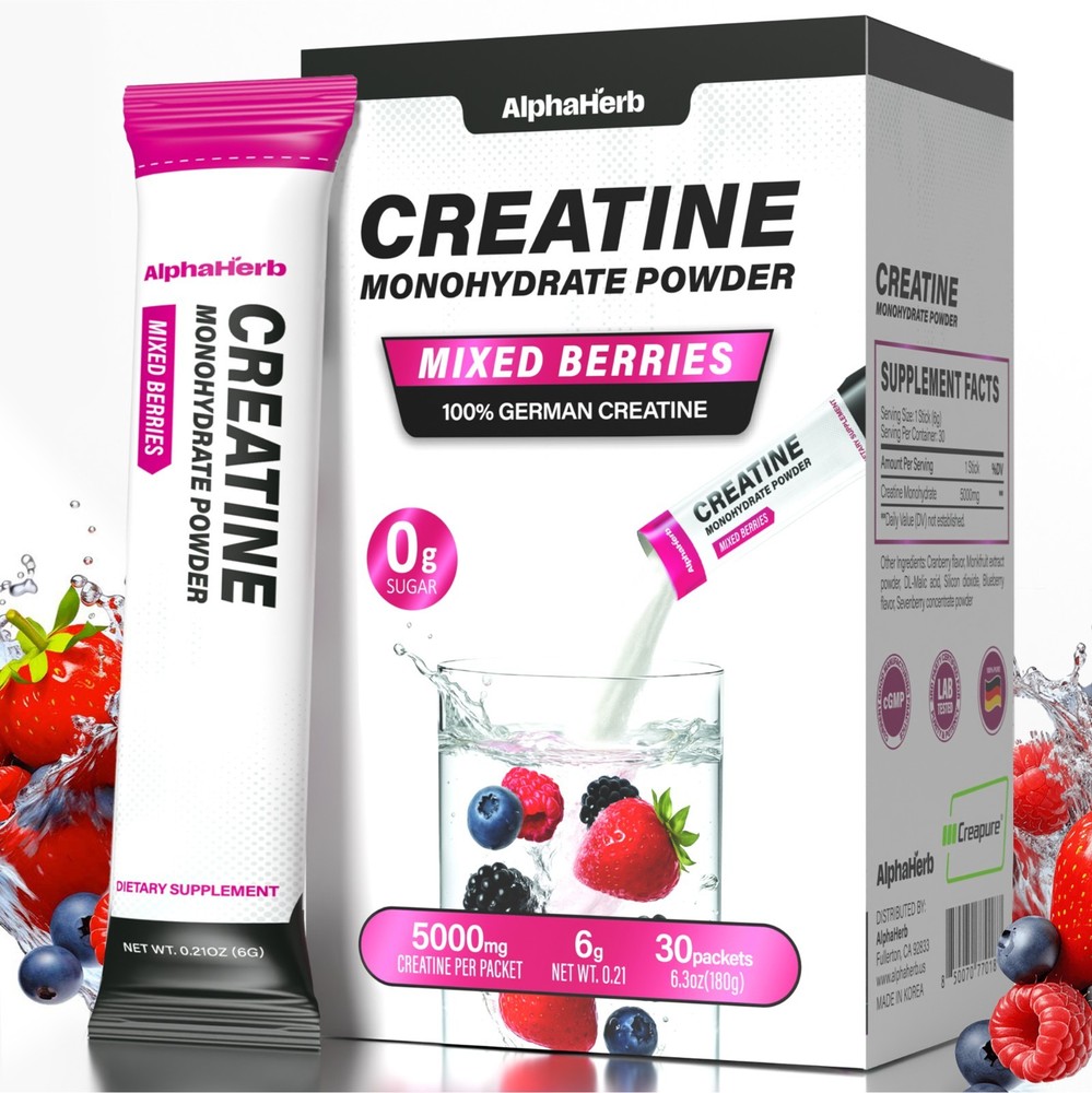 AlphHerb Creatine Monohydrate Powder Creapure GermanSourced 30 Stick Pack 5000mg