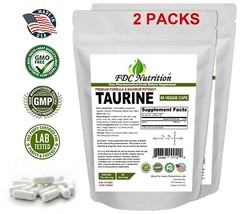 TWO PACKS FDC NUTRITION Taurine 1000mg, 60 Capsules – Gluten Free & Non-GMO