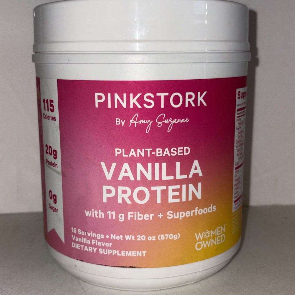 Pink Stork Plant Based Vanilla Protein 15 Servs 20oz Exp4/28 Fiber, Superfoods