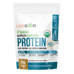 LiveGood Plant Based Protein Powder Pea Hemp Vanilla 30.8oz USDA Organic 30 Svgs