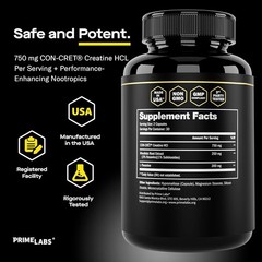 Prime Labs Creatine HCl Capsules – with CON-CRĒT, Rhodiola Root Extract – 60ct.