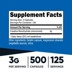 Nutricost Creatine Monohydrate 3g, 500 Capsules (750mg Per Capsule)