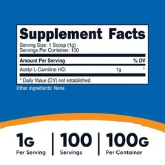 Nutricost Pure Acetyl L-Carnitine 100g, 1000mg Per Serving, 100 Servings