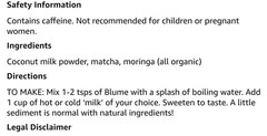 Blume SUPERFOOD LATTE BLEND 3.5 oz (25 Ser) Matcha Coconut Flavor BEST BY 08/26