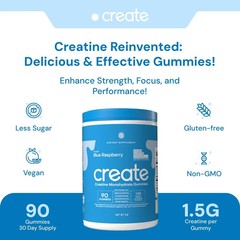 Create Creatine Gummies 1.5g Focus Strength Endurance Vegan Blue Raspberry 90ct