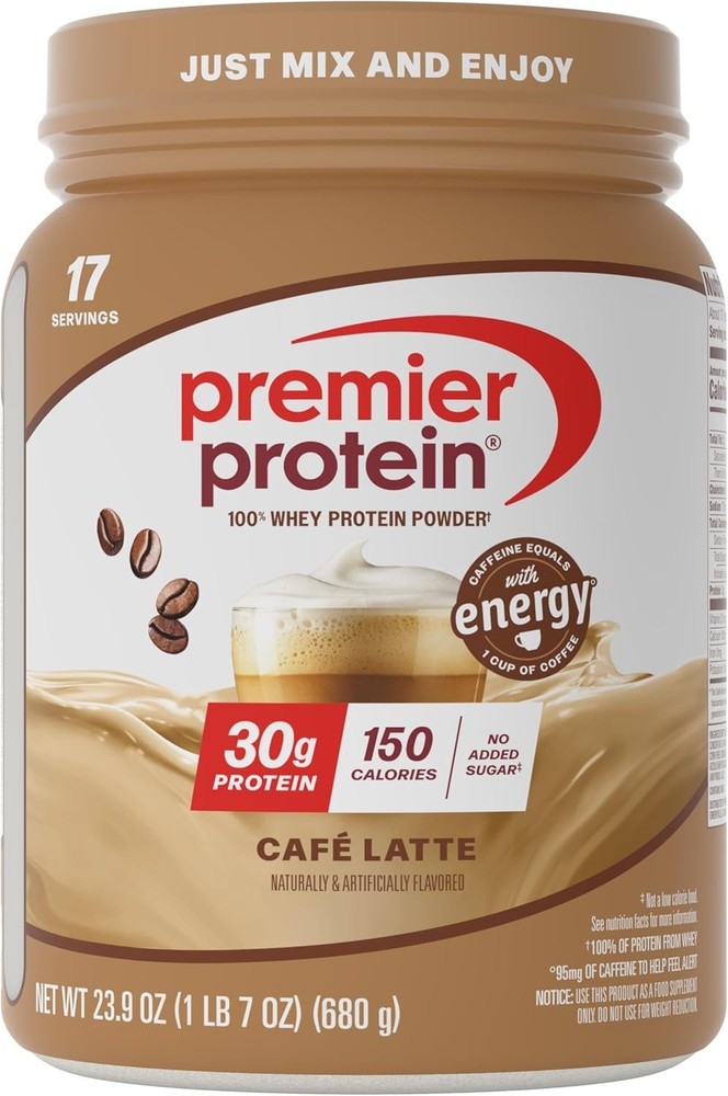 Premier Protein Powder, Café Latte, 30g Protein, 95mg Caffeine ,(17 Servings)
