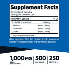 Nutricost BCAA 1000mg, 500 Capsules (250 500 Count (Pack of 1), Multicolor