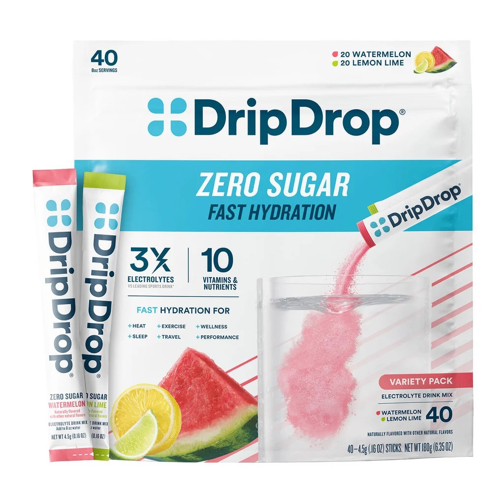 DripDrop Hydration Zero Sugar Electrolytes, 40 Individual Sticks Variety Pack