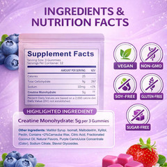 Creatine Monohydrate Gummies 5g 36 Ct Sugar Free Berry Flavor