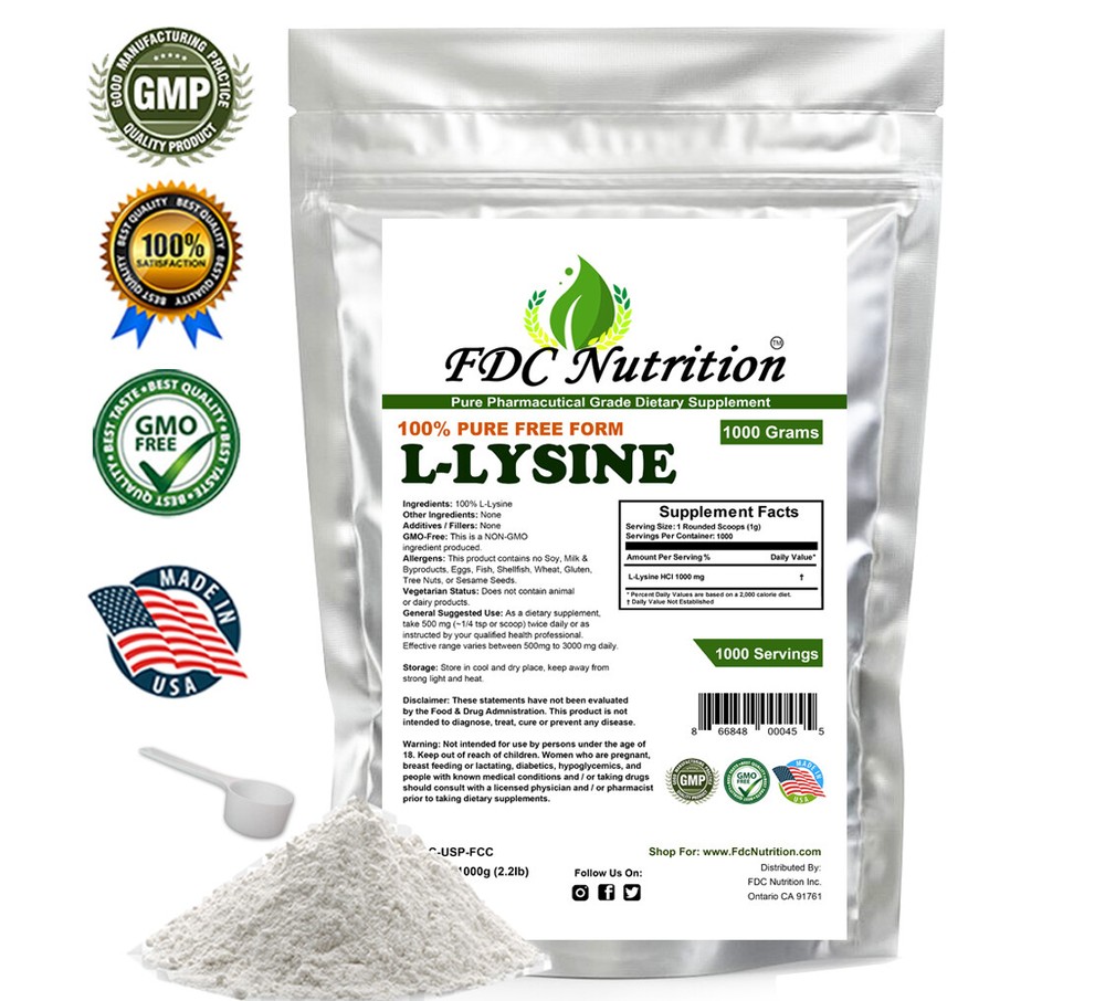 1000g (2.2 lb) L-LYSINE HCL PURE POWDER US PHARMACEUTICAL GRADE KOSHER nonGMO