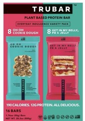 TRUBAR Plant Based Protein Bar Variety Pack Cookie Dough PB & Jelly 16 Bars