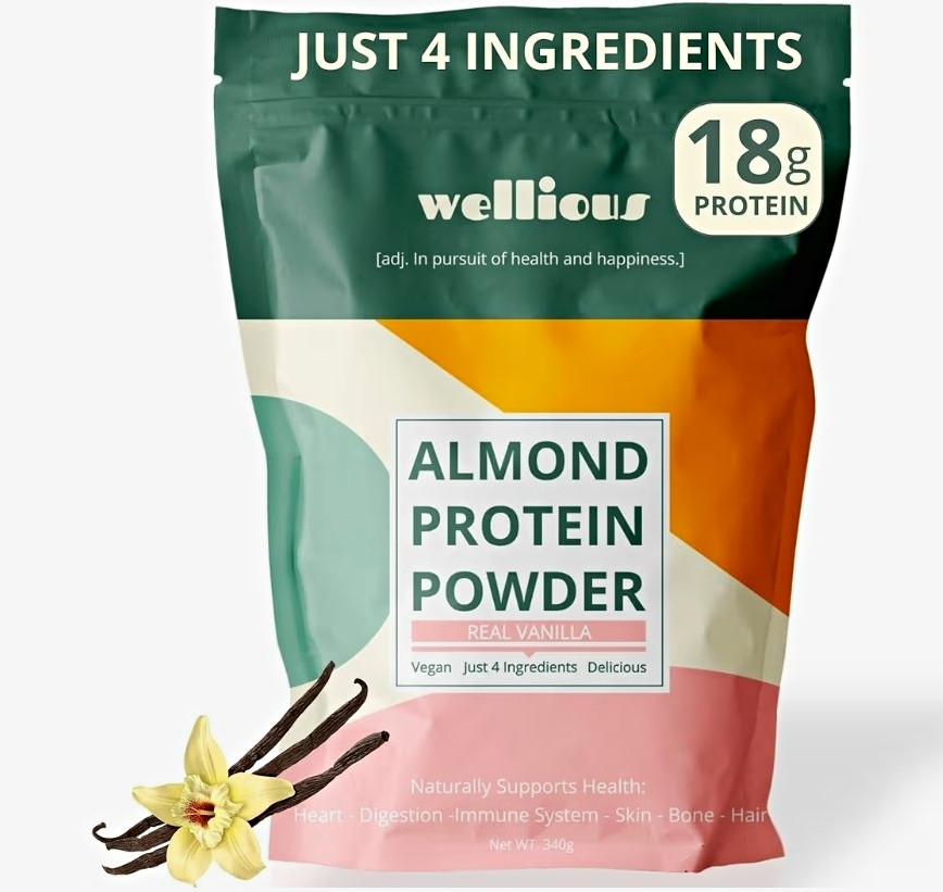 Wellious Almond Protein Powder Vanilla Vegan No Artificial Flavors 340g