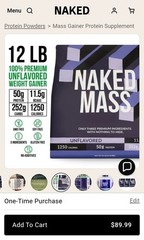 NAKED Mass Natural Weight Gainer Protein Powder 12 LB 1,250 Calories Unflavored