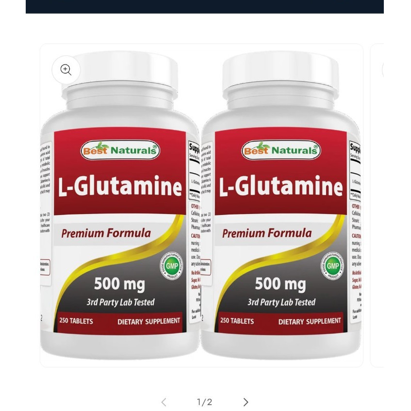 Best Naturals L-Glutamine 500mg 2 Pack 250 Tablets No Artificial Color, Sugar