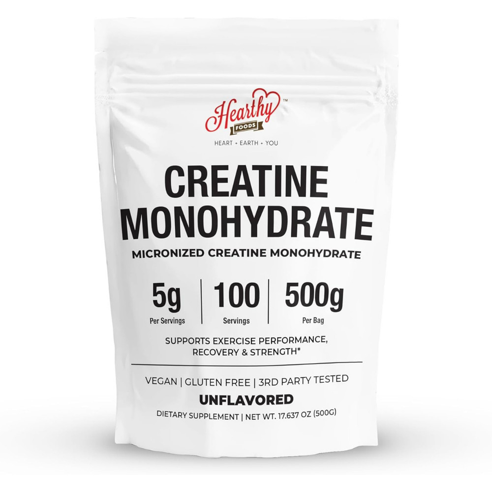 HEARTHY FOODS Creatine Monohydrate Micronized Powder 500G – 100 Servings, 5000mg