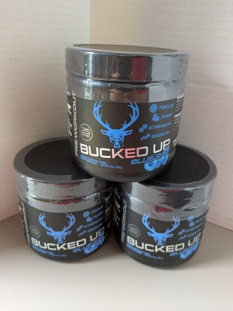 3 Pack Bucked Up Pre-Workout Powder 200mg Caffeine Blue Raz 25 Servings EXP 2027