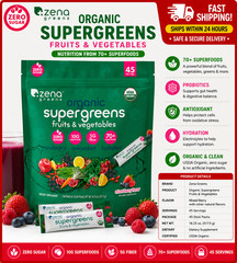 Zena USDA Organic Supergreens Fruits & Vegetables Powder, 45 Stick Packets