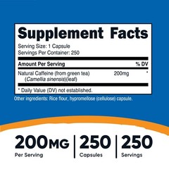 Nutricost Natural Caffeine 200mg, 250 Vegetarian Capsules – Gluten Free, Non-GMO
