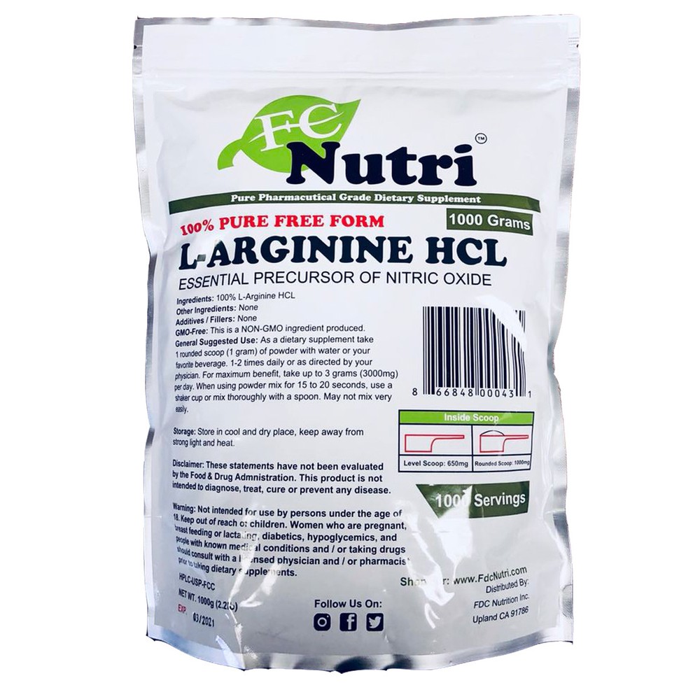L-Arginine HCL Powder 100%pure 2.2 Lb (1000 grams) By FDC NUTRITION 5 PACKS