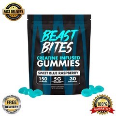 Beast Bites Creatine Infused Gummies Sweet Blue Raspberry – 30 Servings 10.5 oz