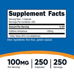 Nutricost Caffeine Pills 100mg Per Serving, 250 Capsules 250 Count (Pack of 1)