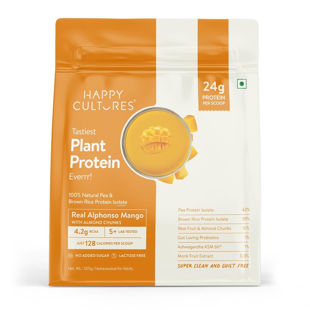 Happy Cultures 24g Plant Protein – Alphonso Mango, Almond, Ashwagandha, Vegan
