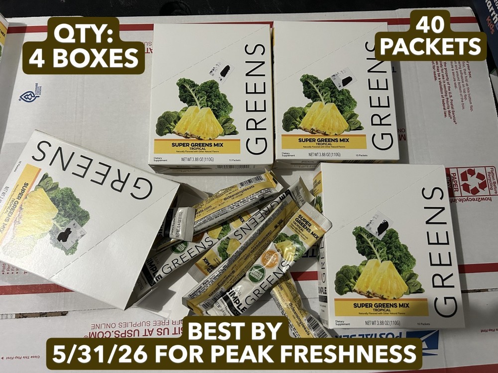 4-BOX LOT (40 PACKETS ) CLEAN SIMPLE EATS Super Greens Powder Tropical Drink