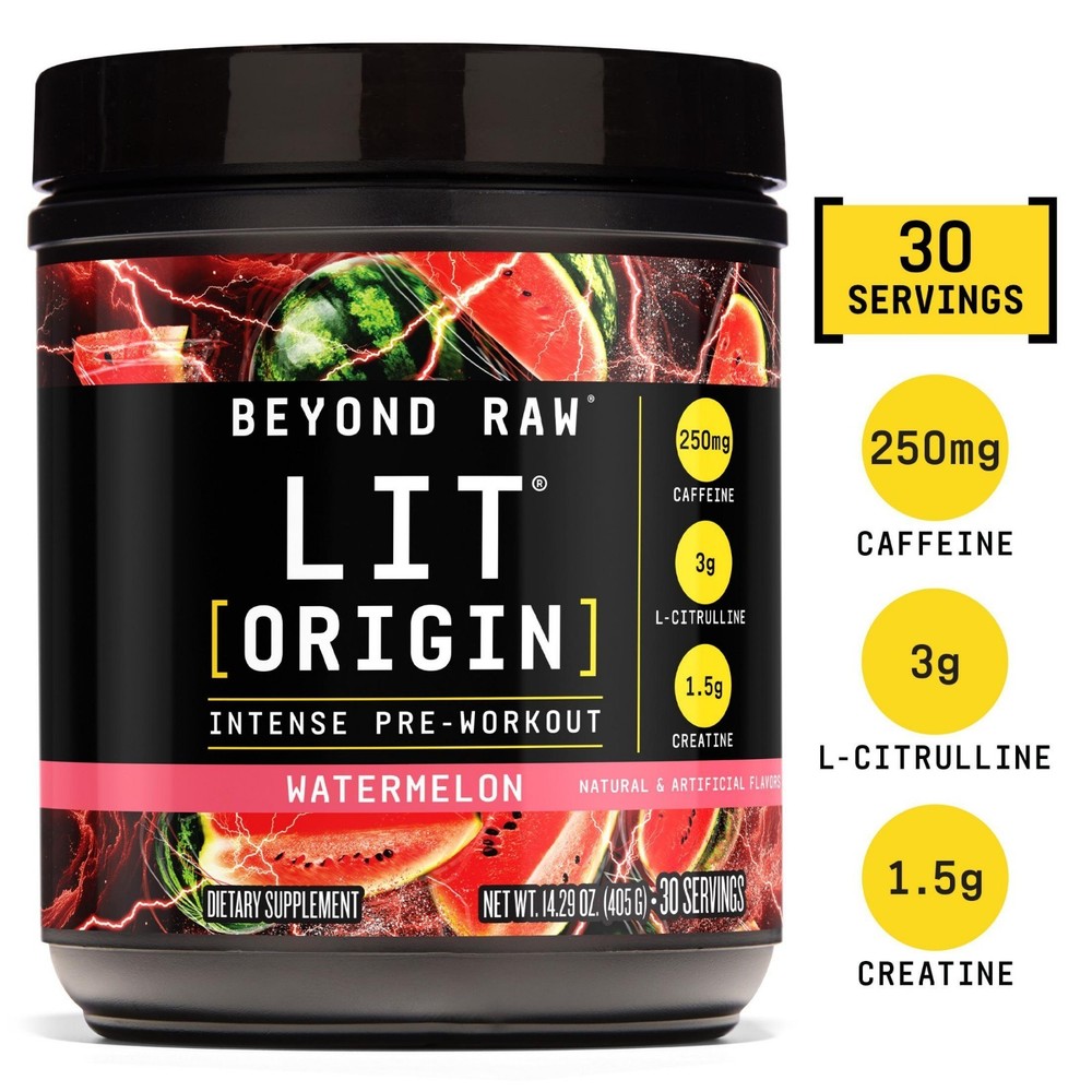 Beyond Raw LIT Origin Pre Workout Powder, Watermelon, for Men & Women