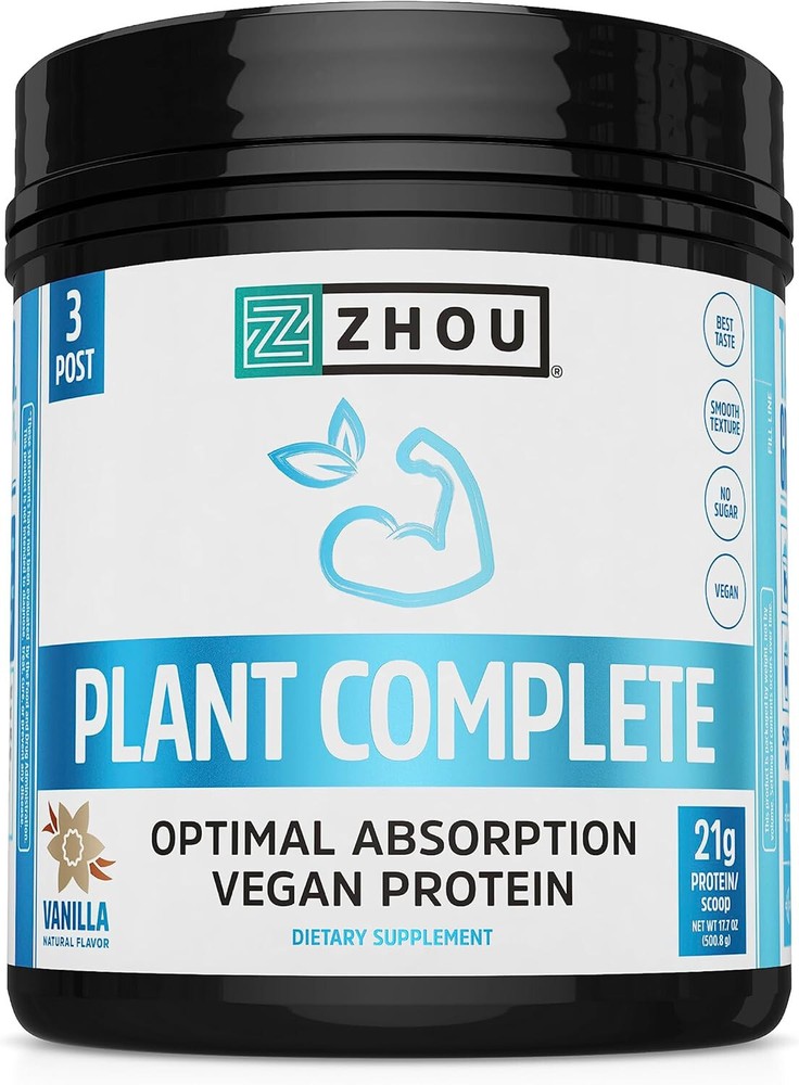 ZHOU NUTRITION Plant Complete Protein Powder – Vanilla – 19 oz
