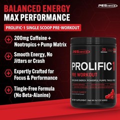 PEScience Prolific-1 Pre Workout Powder Tingle-Free – Red Razz Candy 14.1 oz