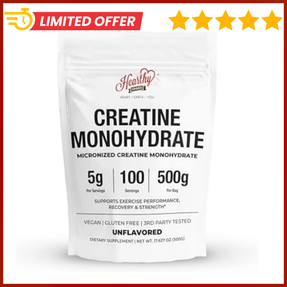 HEARTHY FOODS Creatine Monohydrate Micronized Powder 500G – 100 Servings, 5000mg