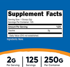 Taurine Powder 250 Grams – 125 Servings, 2000Mg per Serving