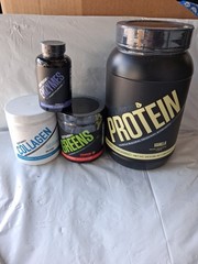 Sculpt Nation Goodies. Protein Vanilla, Collagen Unflavored, Greens Straberry. +