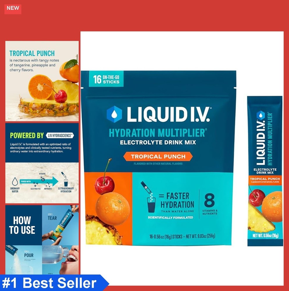 Electrolyte Powder Drink Mix 16 Packets Tropical Punch Hydration Multiplier