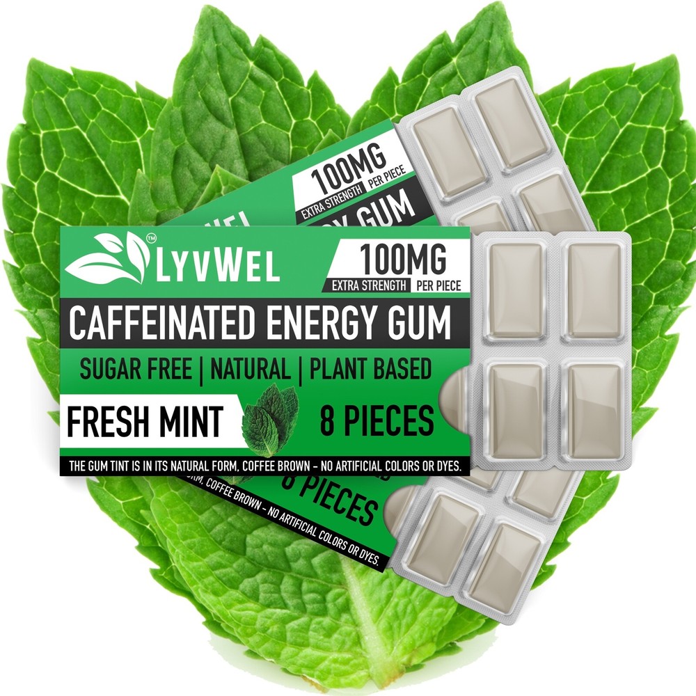 LyvWel Energy Focus Fresh Mint Flavor Gum 3 Packs 100mg Caffeine Pre Workout