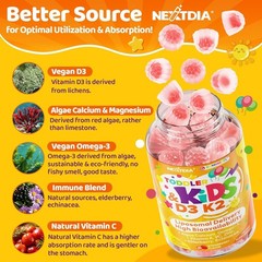 Toddler 2-3 & Kids Vitamin D3 K2 + Algae Calcium Filled Gummies, 1000 IU / 2000