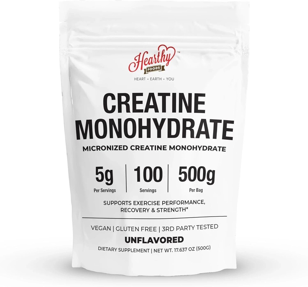 HEARTHY FOODS Creatine Monohydrate Micronized Powder 500G – 100 Servings, 5000mg