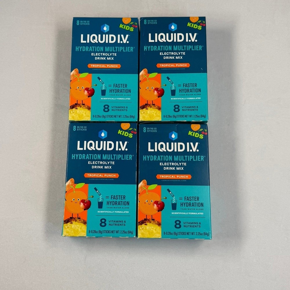 4X Liquid I.V. Kids Drink Mix Hydration Multiplier Tropical Punch 8 ea Exp 8/26