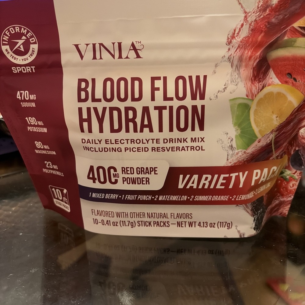 Vinia Blood Flow Hydration Electrolyte Drink Mix Variety Pack Red Grape 10 Stick