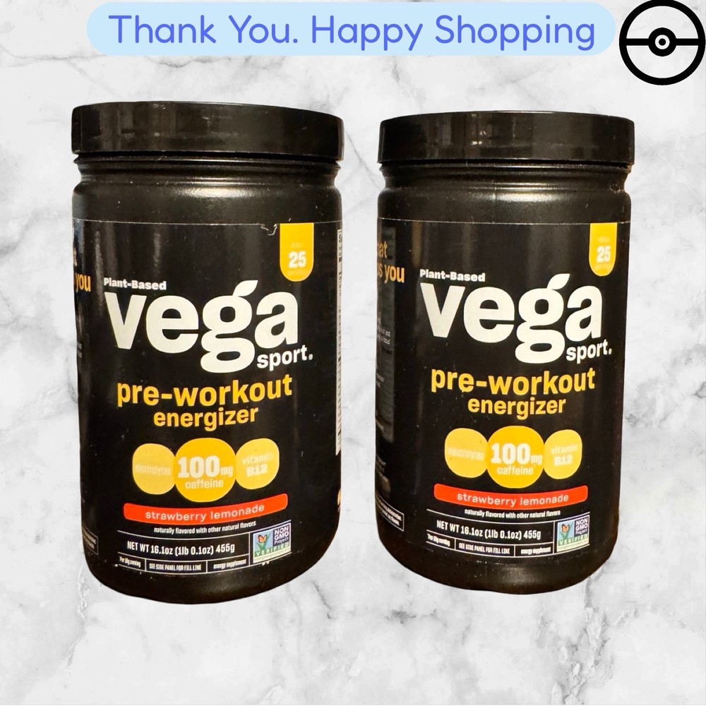 2X Vega Sport Plant-Based Pre-Workout Energizer Strawberry Lemonade 1 LB 1oz