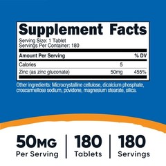 Nutricost Zinc Gluconate 50mg, 180 Tablets – Non GMO