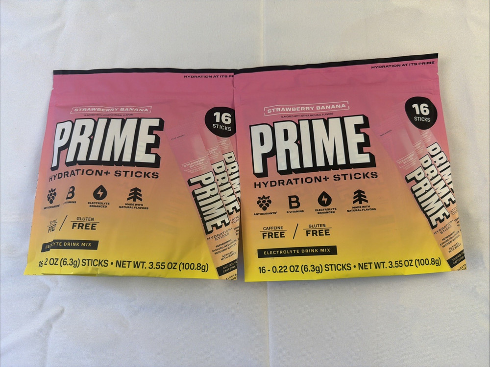 2 Pack PRIME Hydration Strawberry Banana Powder Sticks 16 Ct Each Sugar Free