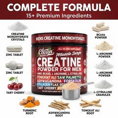 Clean Nutra Creatine Powder for Men + HMB BCAA L 9.87 Ounce (Pack of 1), Red