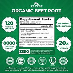 Zazzee USDA Organic Beet Root 8000mg 20:1 Extract 120 Vegan Capsules