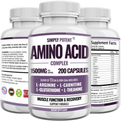 Amino Acid Complex 1500mg 200 Capsules – 13 Aminos with L-Arginine L-Glutathione